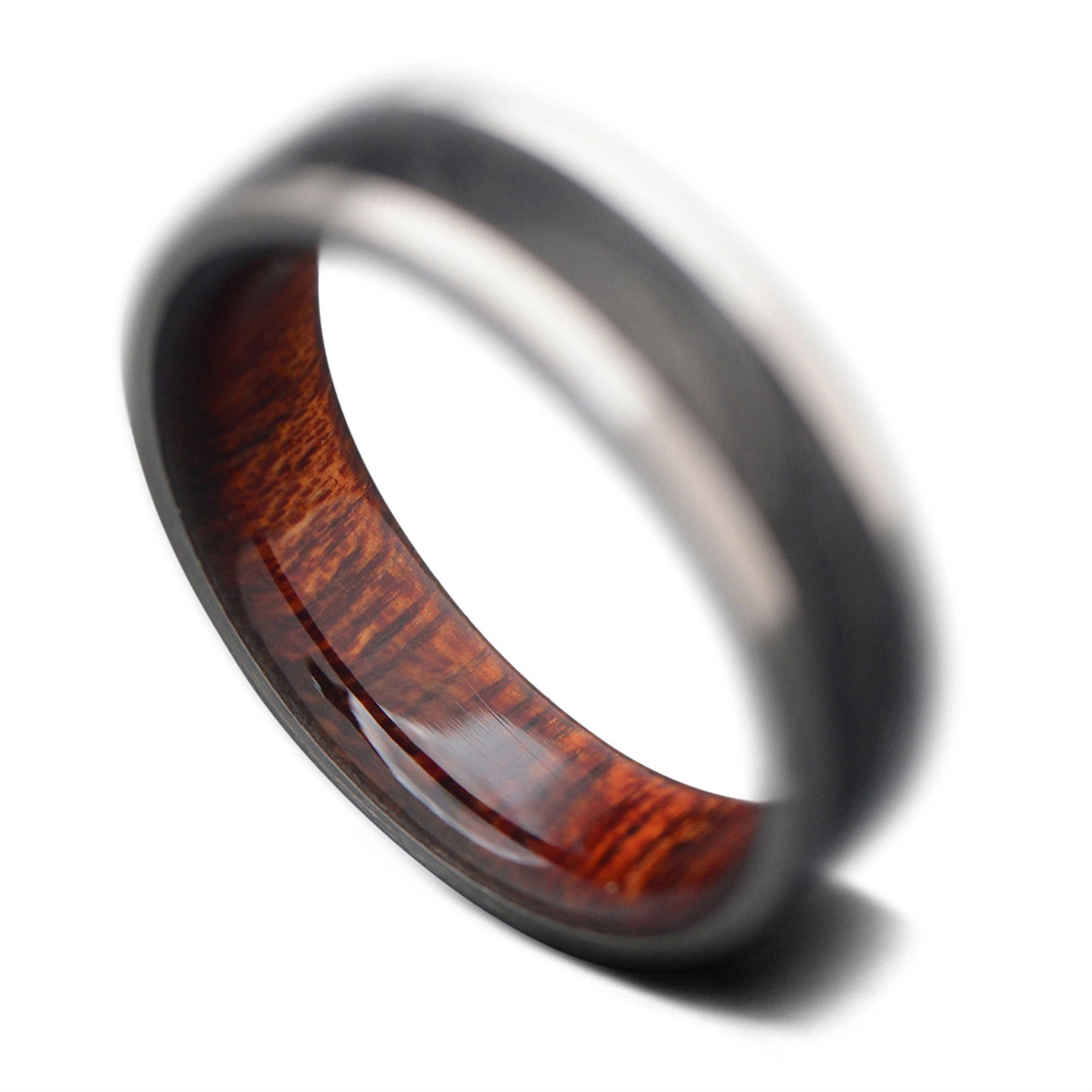 Titanium Ring with ForgedCarbon Inlay and koa Wood, Men's Wedding Band
