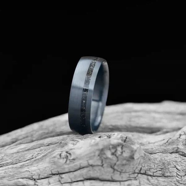 Black Zirconium ring with Meteorite Inlay | Mens Wedding Band | Free Engraing
