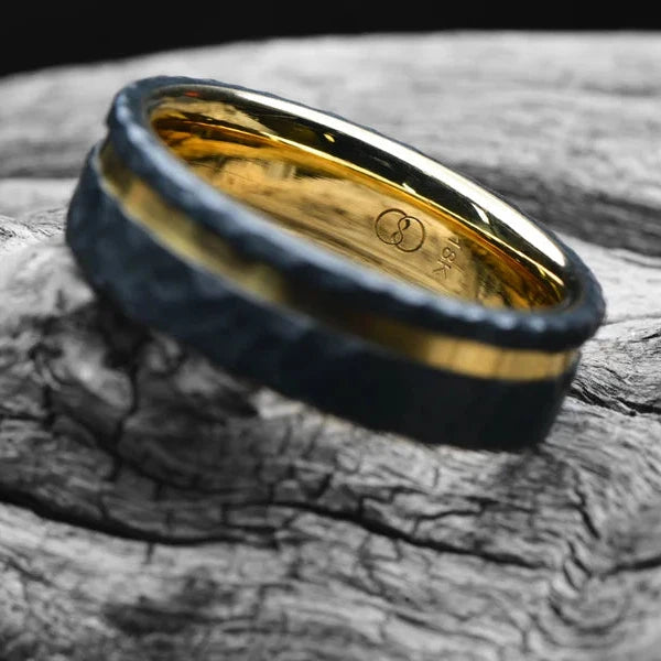 Black Men's Wedding Band with 18K Yellow Gold | 7mm Wide | Facetted