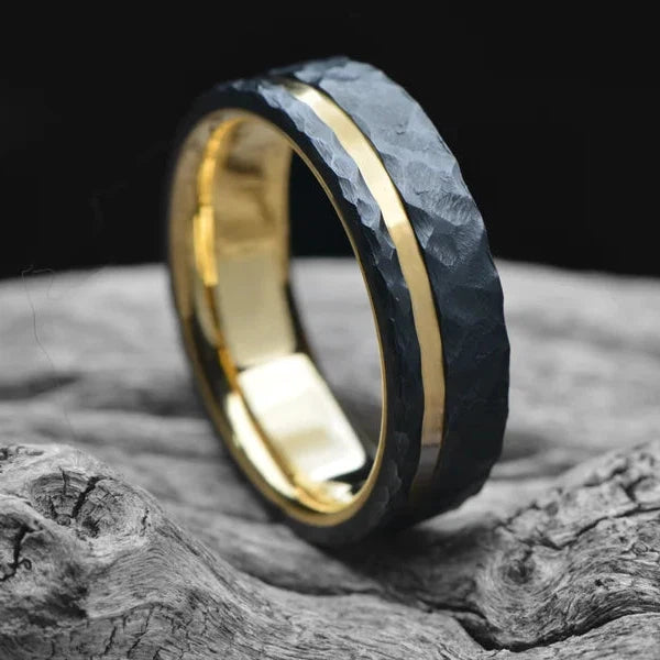 Black Men's Wedding Band with 18K Yellow Gold | 7mm Wide | Facetted