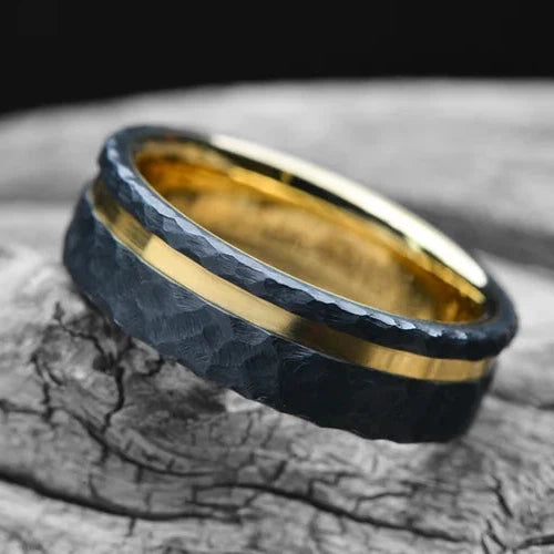 Black Men's Wedding Band with 18K Yellow Gold | 7mm Wide | Facetted