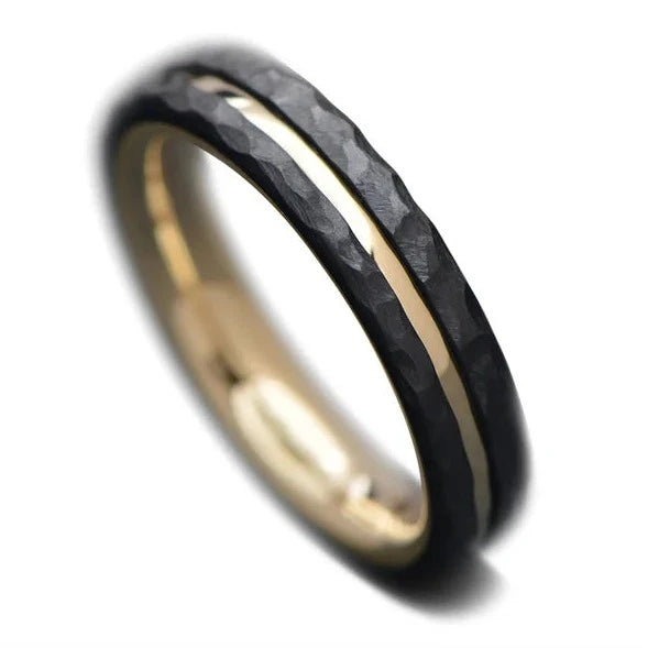Black Wedding Band with 10K Yellow Gold | 4mm Wide | Facetted