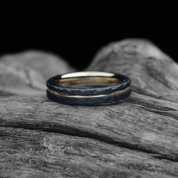 Black Wedding Band with 10K Yellow Gold | 4mm Wide | Facetted