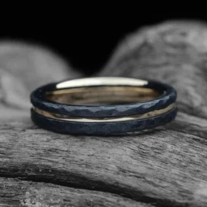 Black Wedding Band with 10K Yellow Gold | 4mm Wide | Facetted