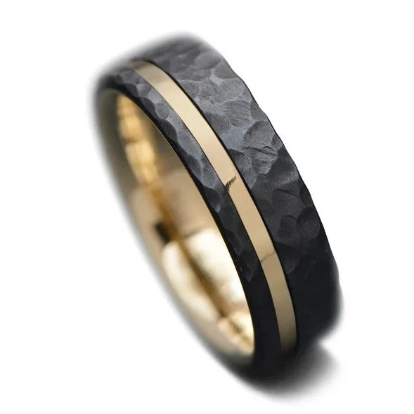 Black Men's Wedding Band with 18K Yellow Gold | 7mm Wide | Facetted
