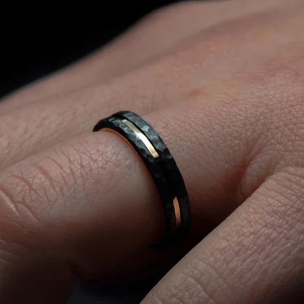 Black Wedding Band with 18K Rose Gold | 4mm Wide | Facetted