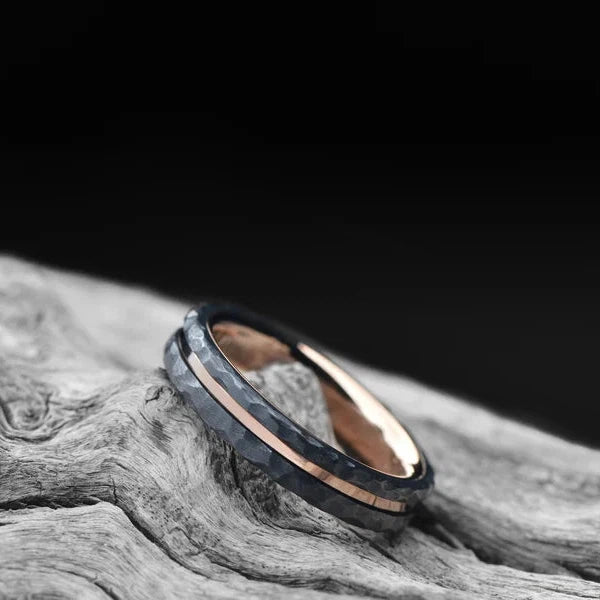 Black Wedding Band with 18K Rose Gold | 4mm Wide | Facetted