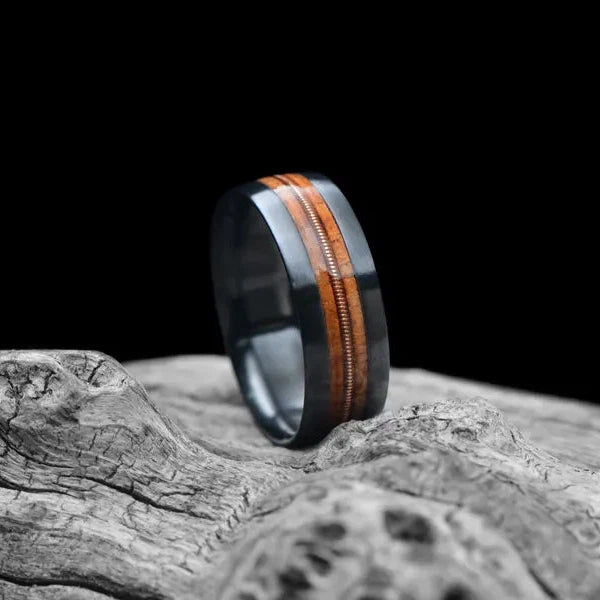 Black Zirconium Ring with Koa Wood and Guitar String Mens Wedding band