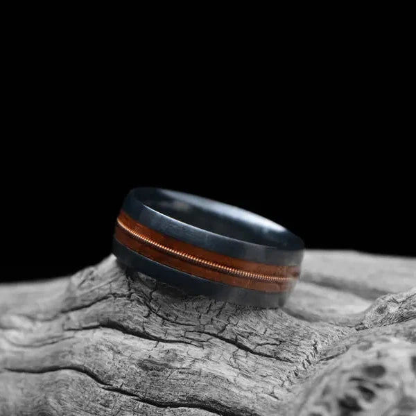 Black Zirconium Ring with Koa Wood and Guitar String Mens Wedding band