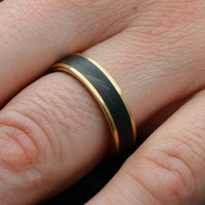 Forged Carbon Ring with 14K Gold and Wood Sleeve | Men's Wedding Band
