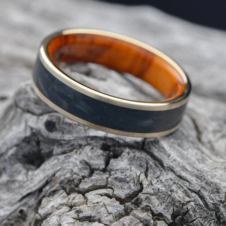 Forged Carbon Ring with 14K Gold and Wood Sleeve | Men's Wedding Band