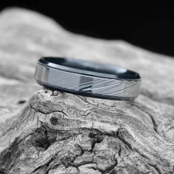 Black Unique Men's Wedding Band with Damascus Inlay And Zirconium Core