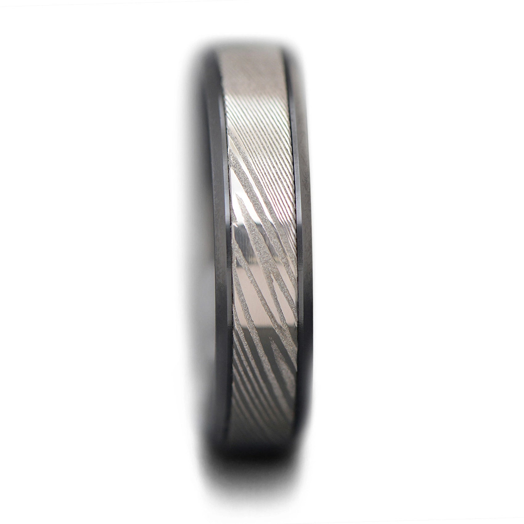 Black Unique Men's Wedding Band with Damascus Inlay And Zirconium Core