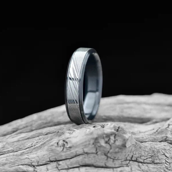 Black Unique Men's Wedding Band with Damascus Inlay And Zirconium Core