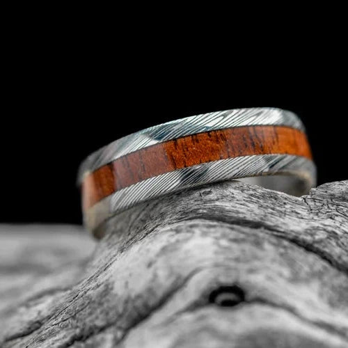 Damascus Wedding Ring with WW2 Relic wood Inlay | Mens Wedding Band