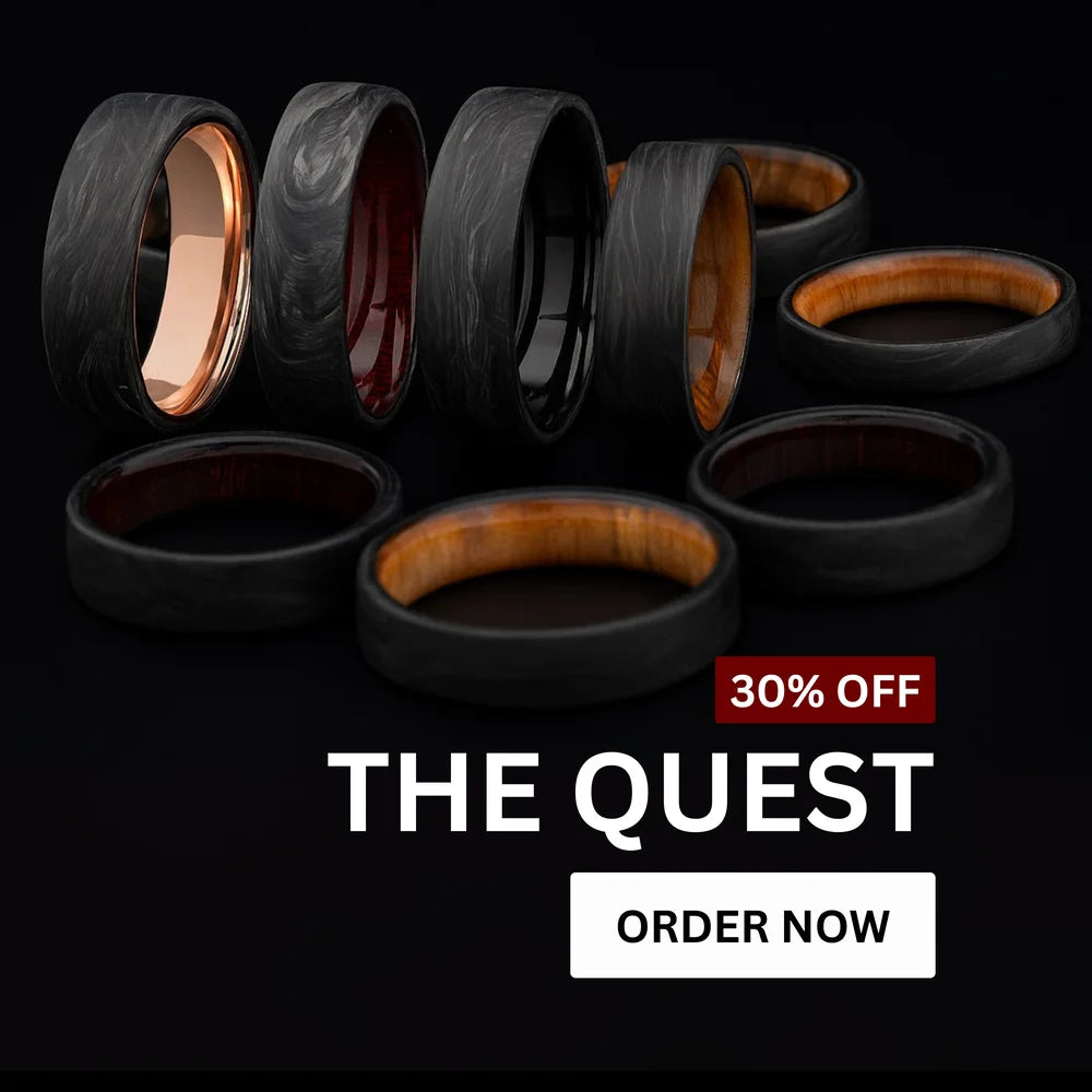 Forged carbon wedding rings from The Quest collection displayed on a black background. Several variations with wood, copper, and colored interiors are shown. Text overlay reads ‘30% Off – The Quest’ with an ‘Order Now’ button