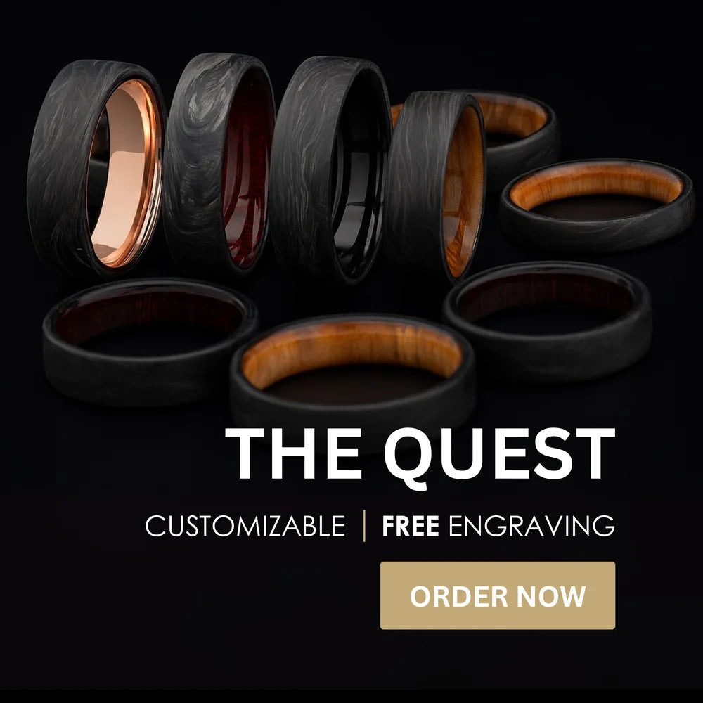 Forged carbon wedding rings shown with multiple interior material options.