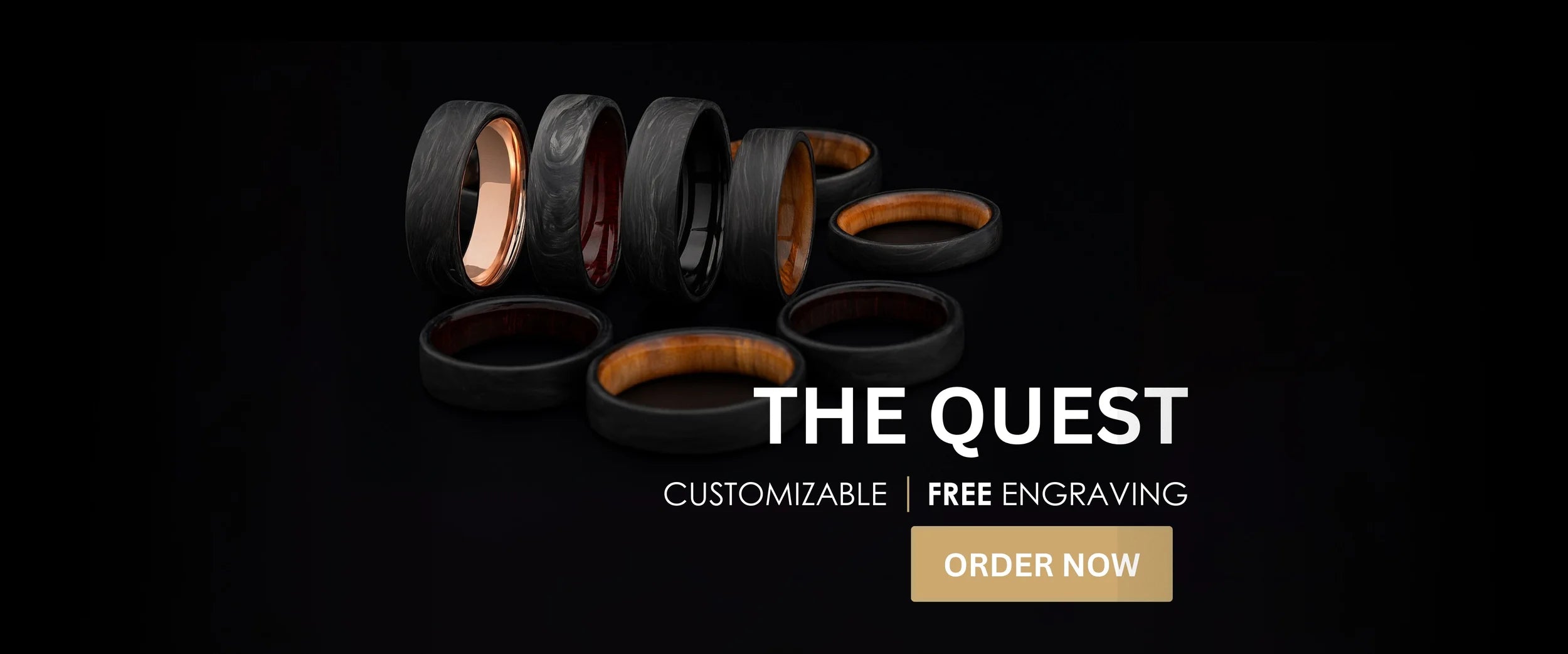 Forged carbon wedding rings shown with multiple interior material options.