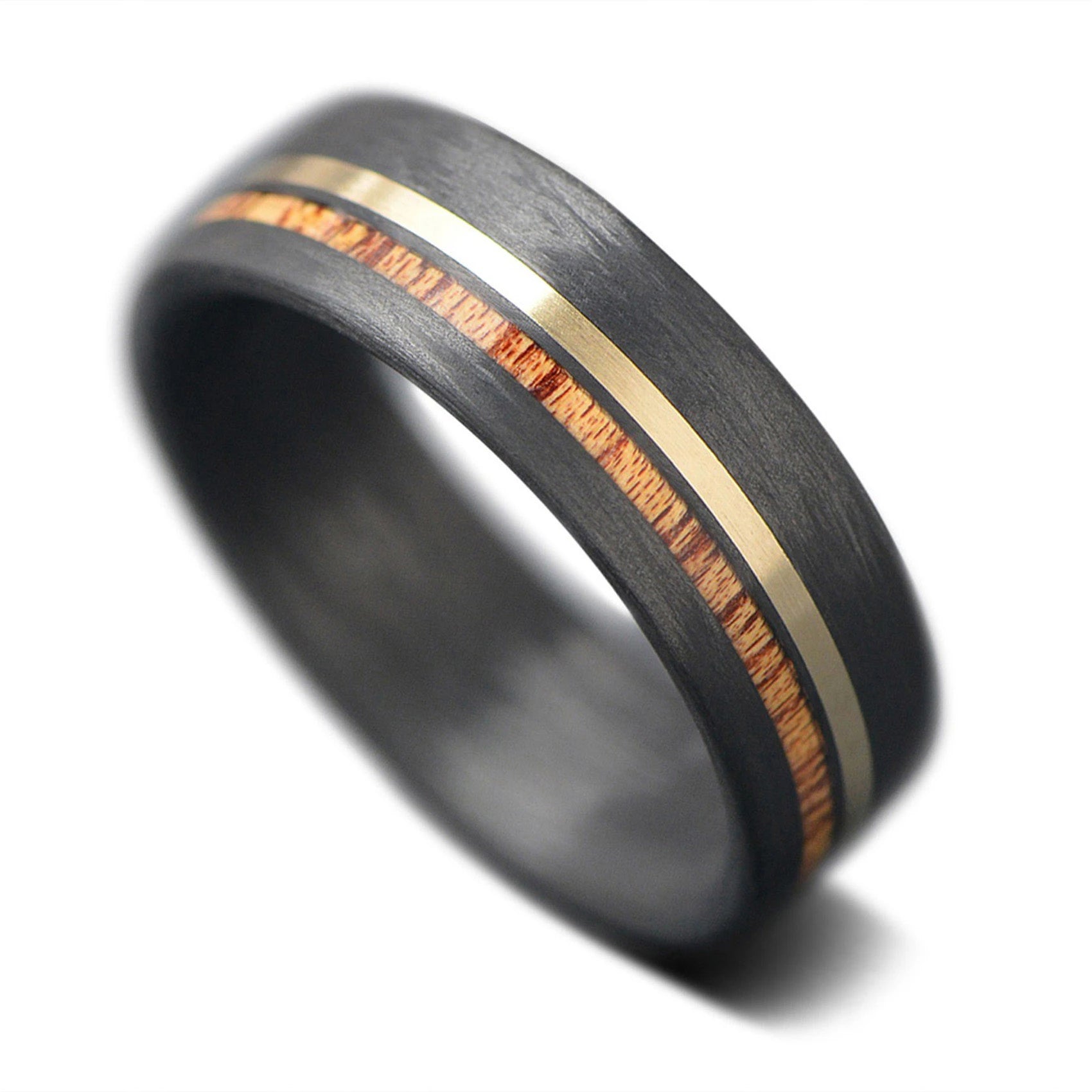 CarbonFiber Ring with 14K Gold and Mahogany Wood Inlay | Men's Wedding Band