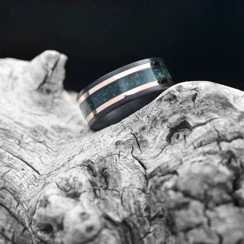 CarbonFiber Ring with Rose Gold and Moss Agate Inlay Men's Wedding Band