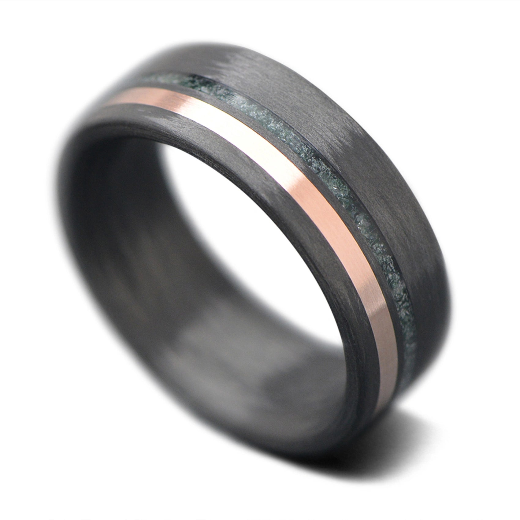 CarbonUni Core Ring with Mahogany, Moss Agate, Rose Gold inlay, 8mm -THE INNOVATOR