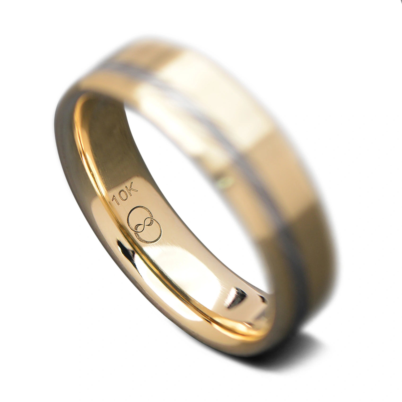 Men's Wedding Band Yellow Gold with Damascus Inlay | Bevel | 7mm