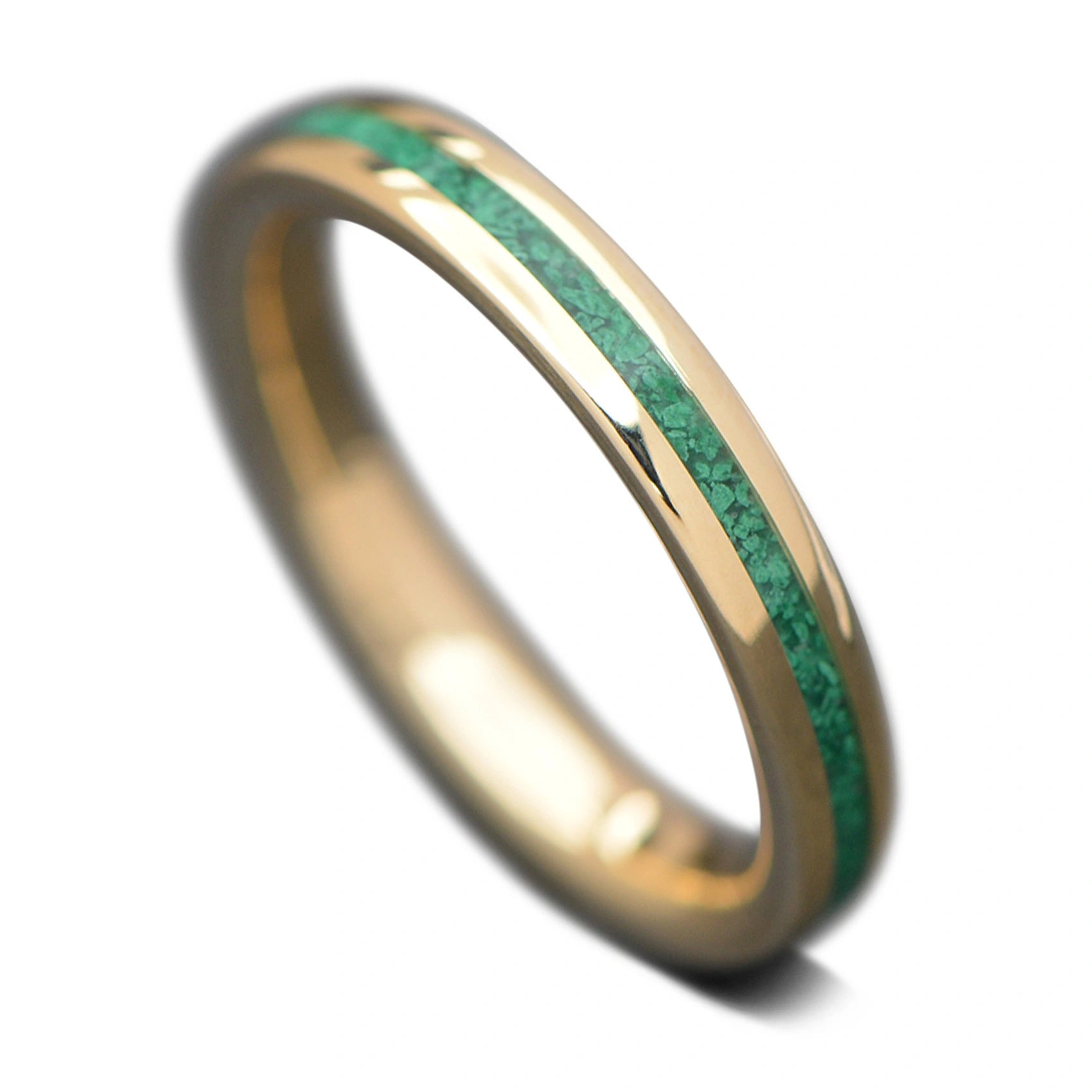 Unique Yellow Gold Wedding Band with Green Malachite Inlay | 3mm