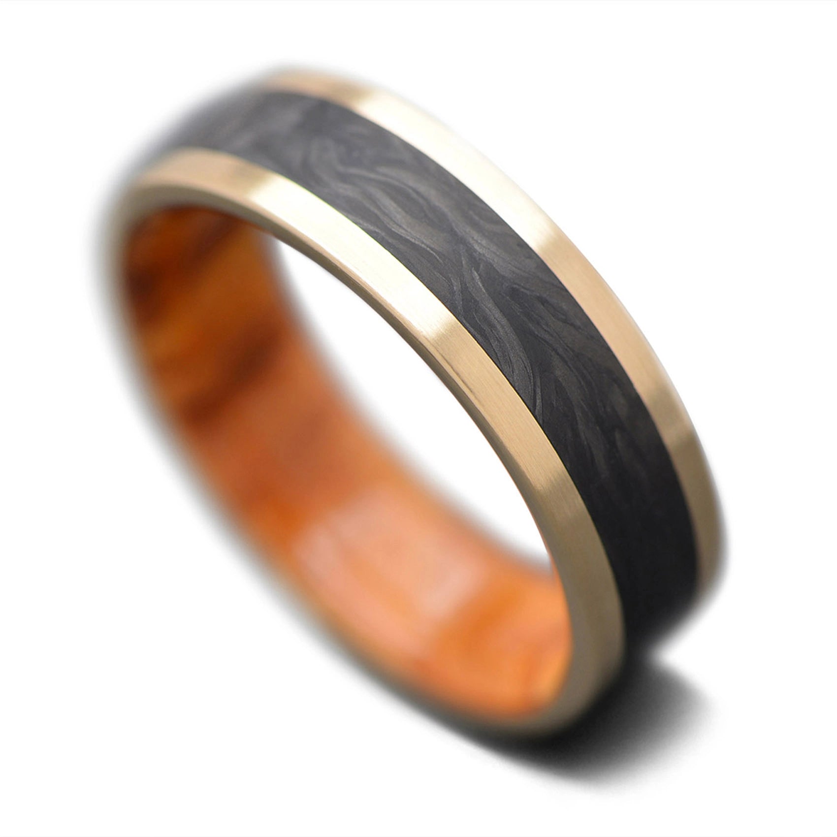 Yellow Gold Core Ring with CarbonForged inlay and  Olivewood inner sleeve, 7mm -THE UNITY