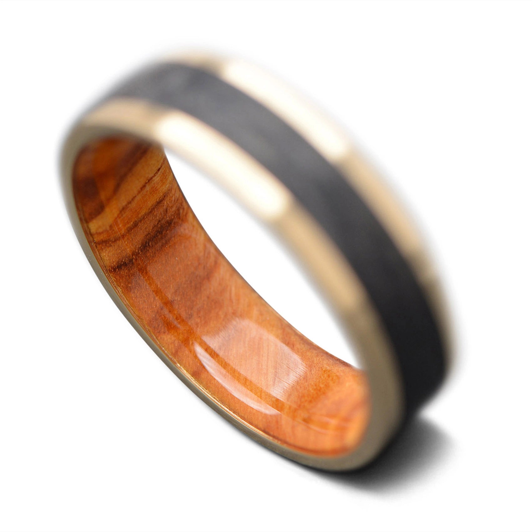 Forged Carbon Ring with Yellow Gold and Wood Sleeve Men's Wedding Band