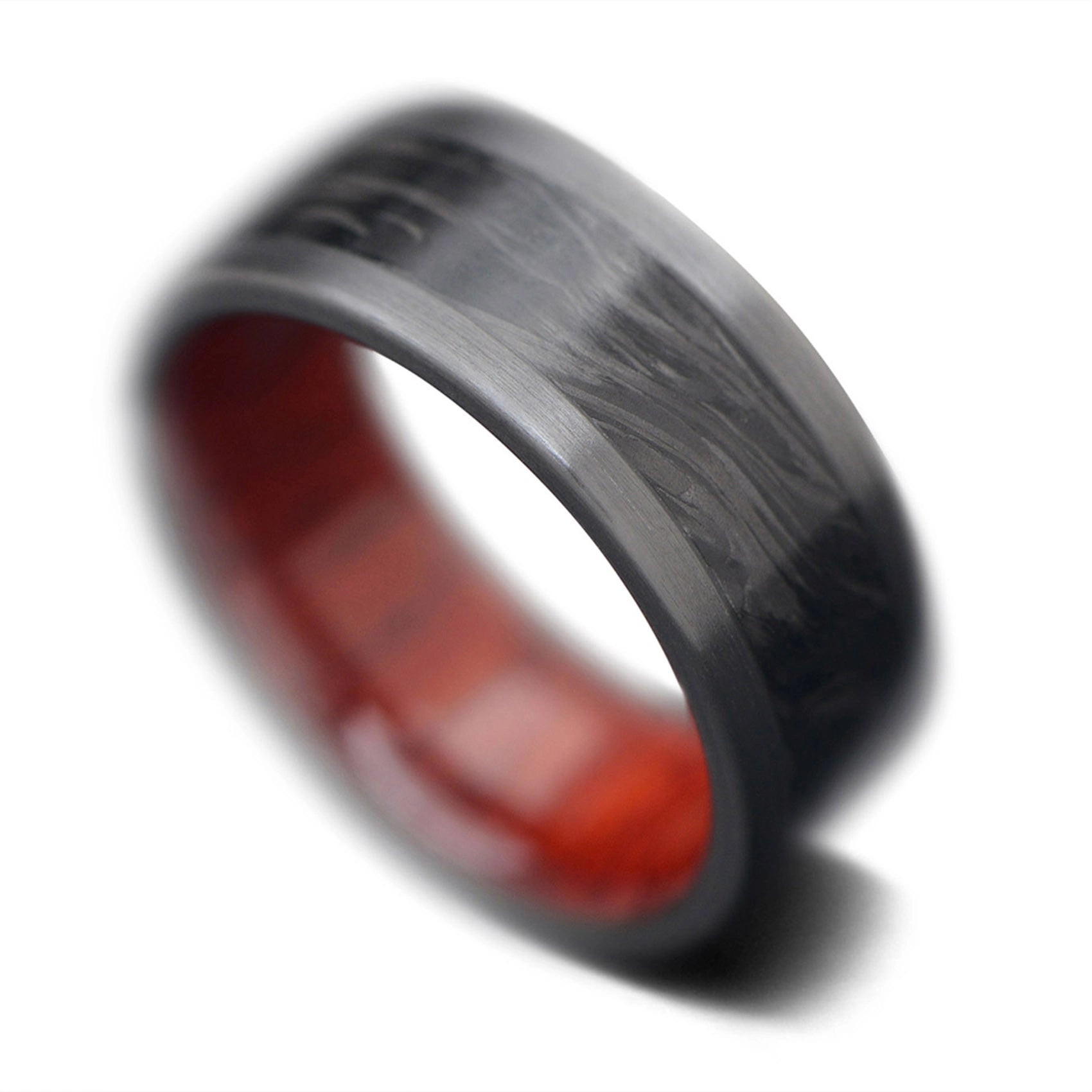 Black Zirconium Ring with Forged Carbon and Wood | Men's Wedding Band