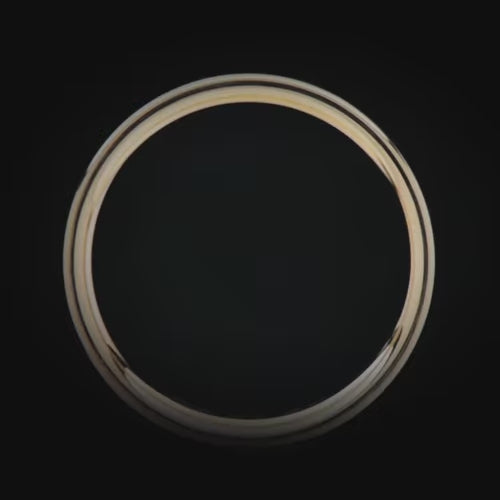 14K yellow gold mens wedding band with a central forged inlay, custom polished flat profile, 6mm width, free engraving, displayed on a white background