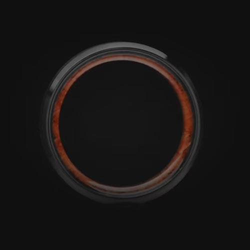 Black titanium wedding band featuring a solid meteorite central inlay and oak inner sleeve, 7mm mens ring with brushed beveled edges, includes free engraving.