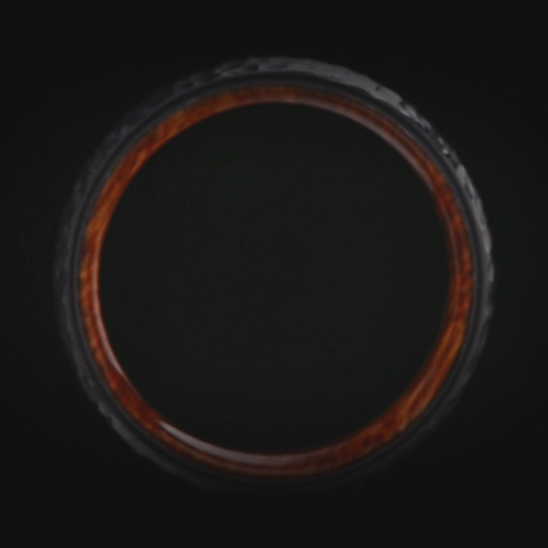 Black titanium wedding band with whiskey barrel oak inner sleeve, 7mm mens hammered domed ring, unique mens wedding band, free engraving available.