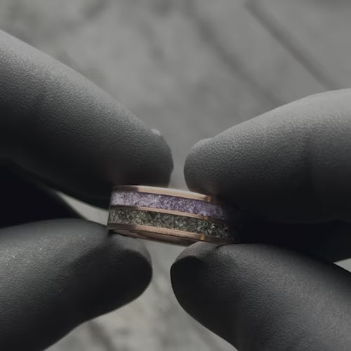 14K Rose Gold Wedding Band with Amethyst and Alexandrite Inlays, 7mm Mens Wedding Ring, Unique Custom Design, Free Engraving, showcased with black gloves