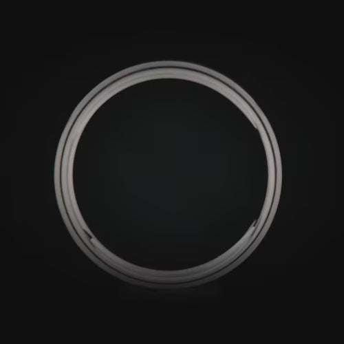 10KW mens wedding band with pearl inlay, 7mm brushed flat profile, custom ring with free engraving option.