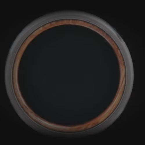 Brushed titanium wedding band with whiskey barrel oak inner sleeve, eternity set stones, 7mm mens ring, free engraving option, unique design.