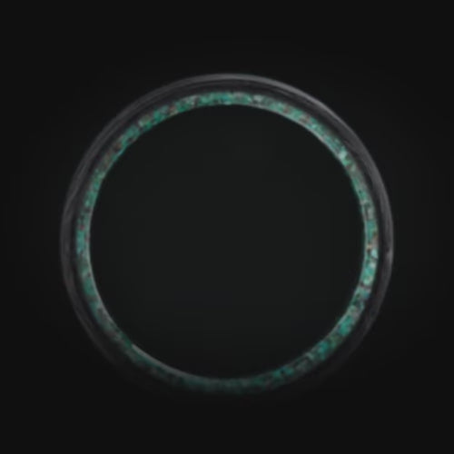 Mens 6mm forged wedding band with meteorite and turquoise inlay, unique brushed flat profile, free engraving available.