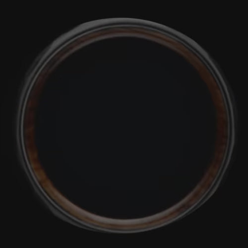 Titanium wedding band with 10KY gold and whiskey barrel oak inlay, featuring a unique faceted design, 7mm mens ring with free engraving option.