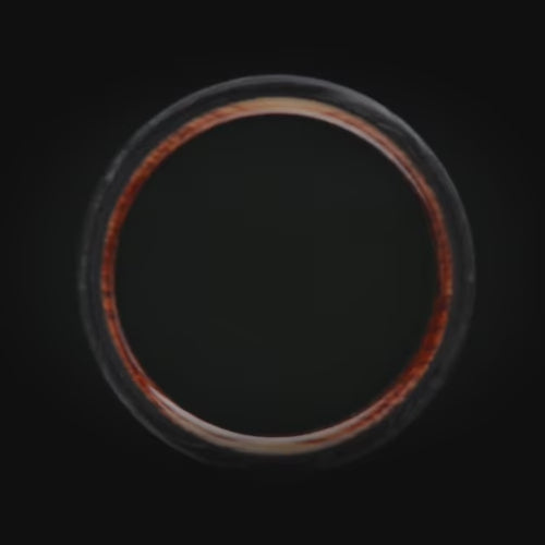 Mens wedding band, 6mm, featuring a forged design with a solid meteorite central inlay and whiskey barrel oak sleeve, offering free engraving, unique mens ring.
