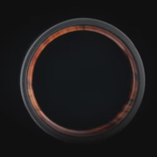 Black titanium wedding band with 18K yellow gold inlay and olivewood inner sleeve, 7mm mens ring, brushed flat profile, free engraving available.