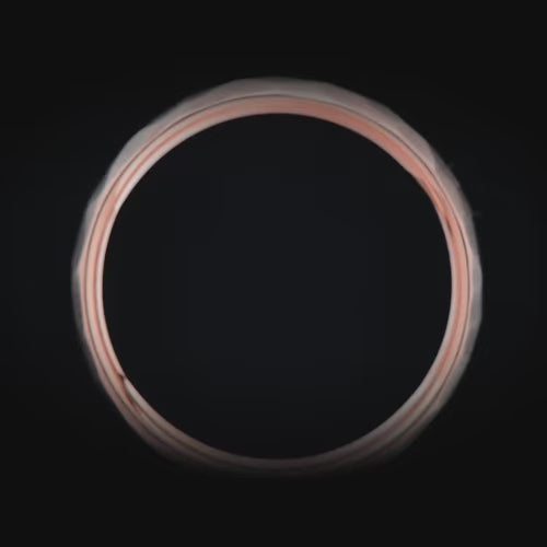 14K rose gold mens wedding band with unidirectional inlay, 7mm faceted domed profile, custom ring with free engraving, shown on a hand.