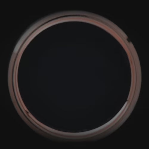 14K rose gold mens wedding band with central forged inlay, 7mm width, unique brushed bevel profile, free engraving option available.