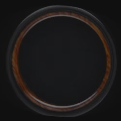 Black titanium wedding band featuring a striking blue opal and guitar string inlay, complemented by a whiskey barrel oak inner sleeve, 6mm width, mens ring with free engraving option.