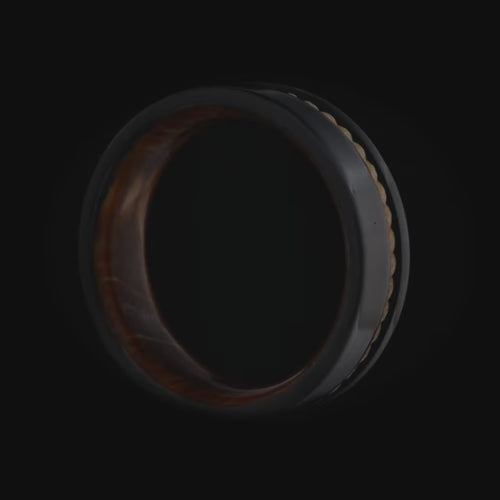 Black titanium wedding band with 10KY rope and whiskey barrel oak inlay, 7mm mens ring, unique design, free engraving available.