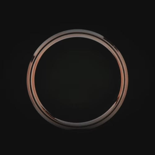 18K rose gold mens wedding band with teak wood inlay, brushed bevel profile, 7mm width, unique design, free engraving option.