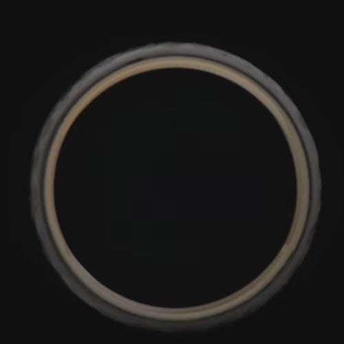 Mens titanium wedding band with 10KY inlay, 7mm faceted flat profile, unique custom design, free engraving option.