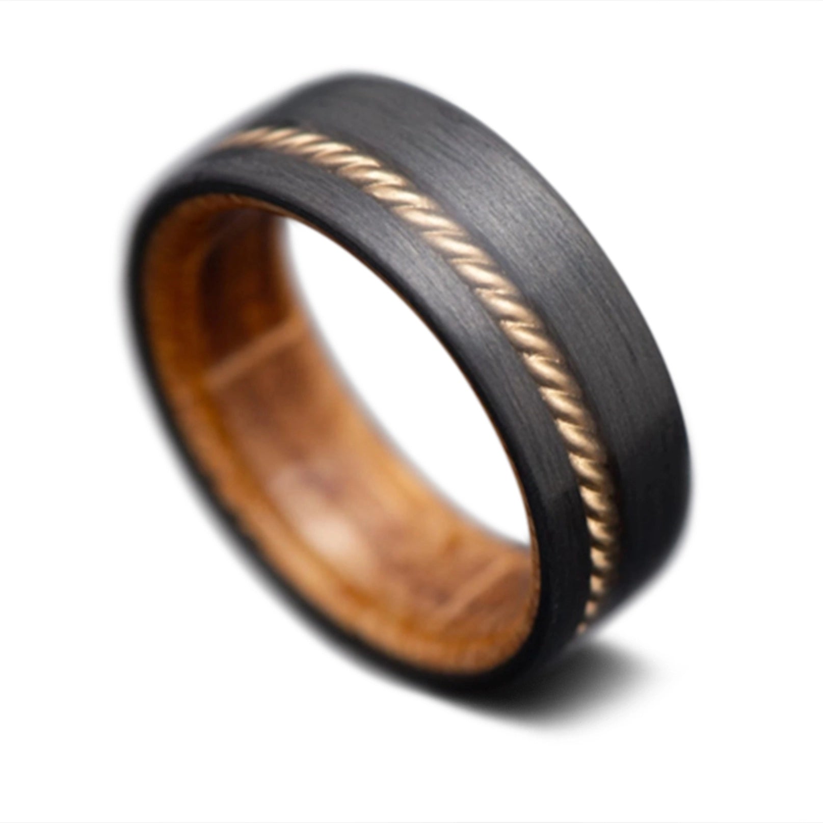CarbonFiber Ring with Yellow Gold Rope And Whiskey barrel Wood Sleeve | Men's Wedding band