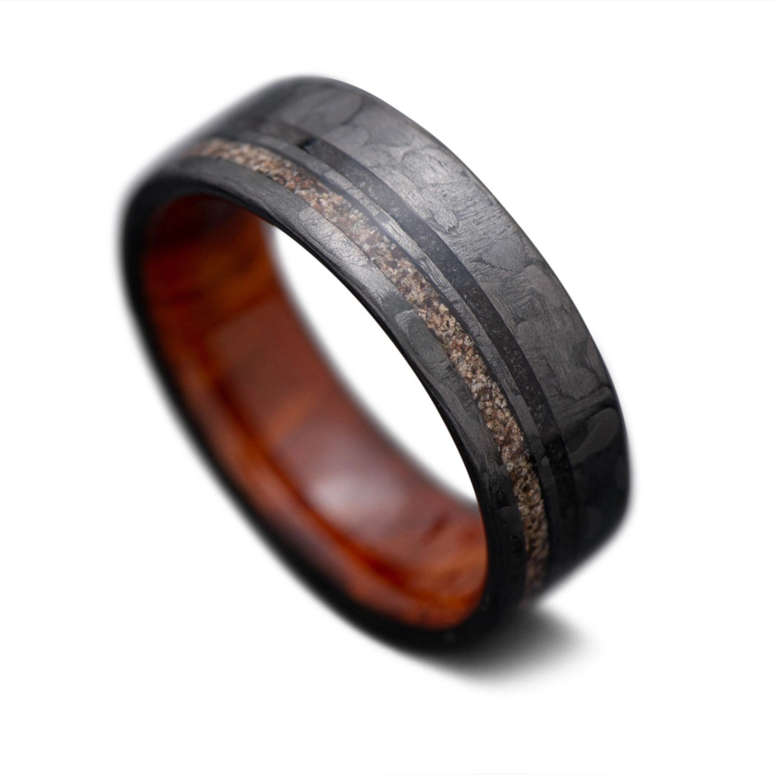 CarbonTwill Core Ring with Black Onyx, Crushed T-Rex inlay and Thuya inner sleeve, 7mm -THE SEEKER