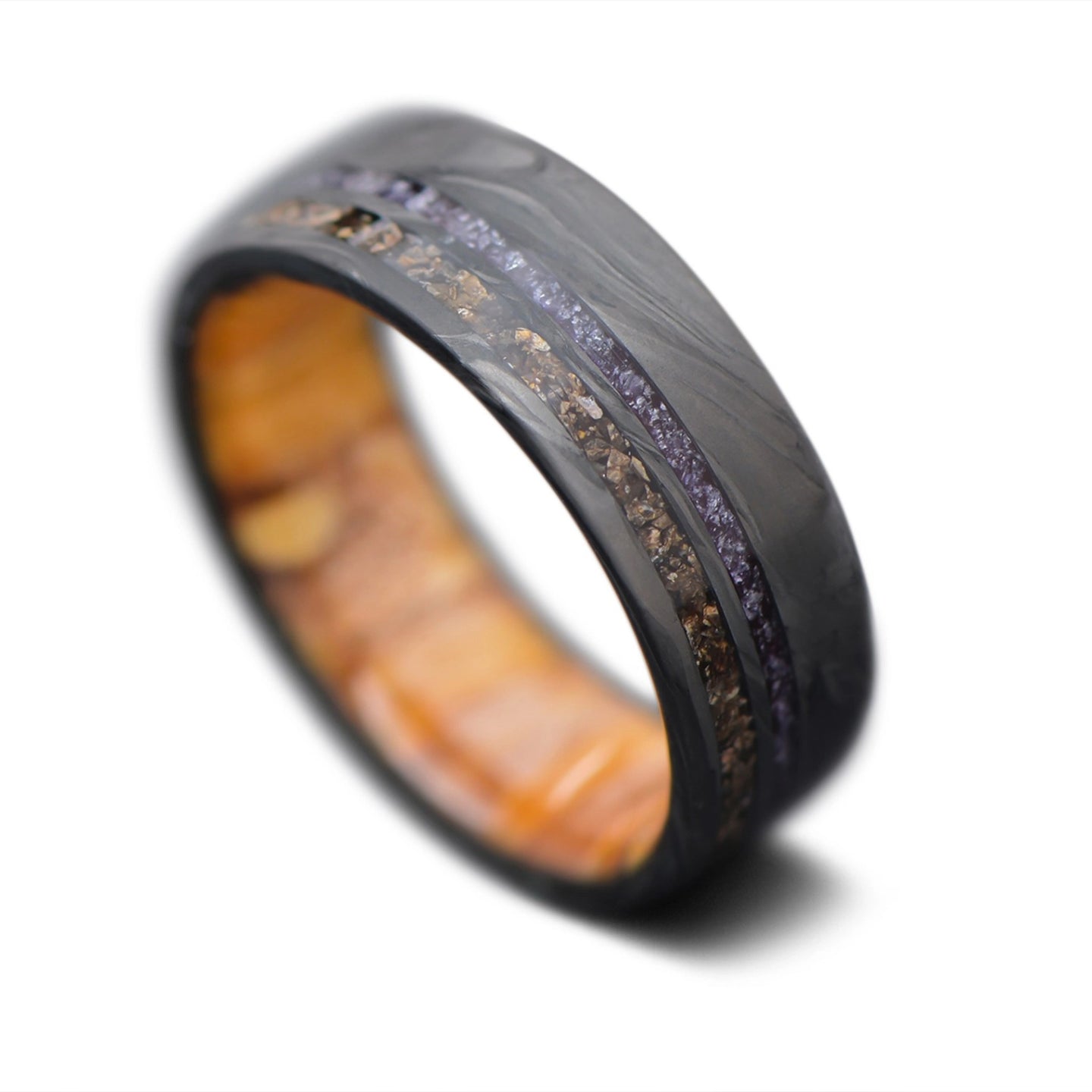 Forged Carbon Ring with TRex and Purple Amethyst  and silver birch wood inner sleeve| Men's Wedding Band