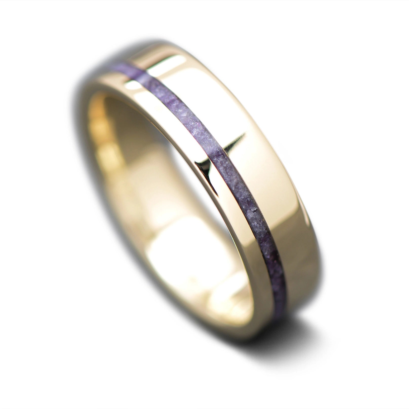 Solid Yellow Gold Wedding Band with Purple Amethyst Inlay | 6mm 